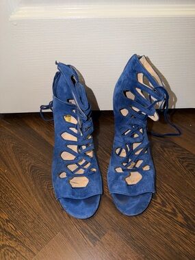 Blue Suede Lace-Up Peep Toe Heels